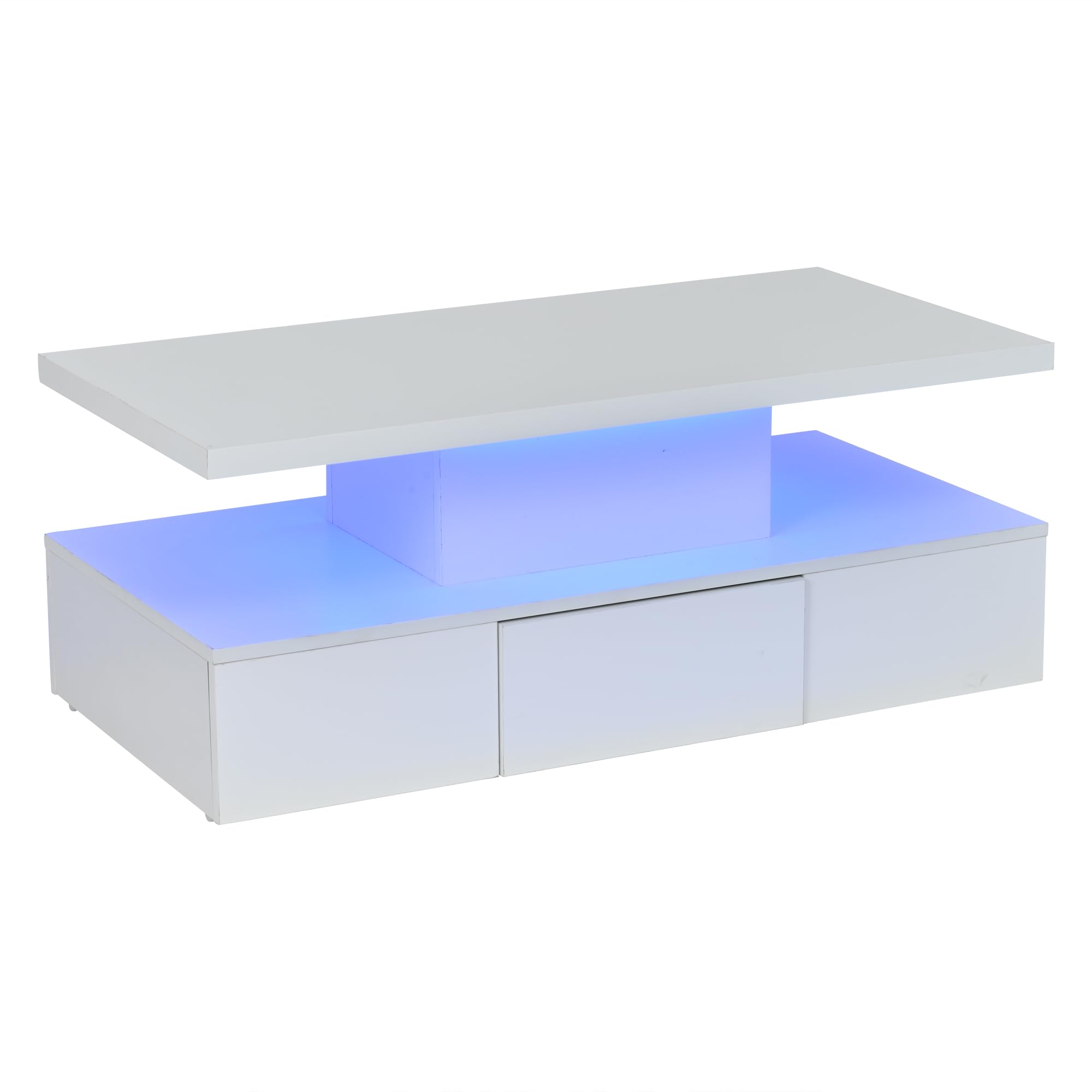 Merax Couchtisch mit LED 100x50 cm, Hochglanz Sofatisch mit Schublade, Weiß Offenes Ablagefach und geräumige Schublade für eine übersichtliche Aufbewahrung.