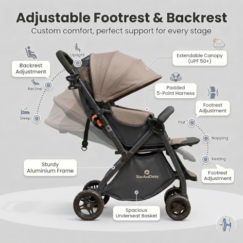 Image of StarAndDaisy Foldable Stroller for Baby 0-3 Years Infant & Toddler / Travel Pram for Baby with Adjustable Canopy & Footrest with Lockable Wheels, Multi-Level Recline , Removable Tray , Safety Harness Belt (Brown)