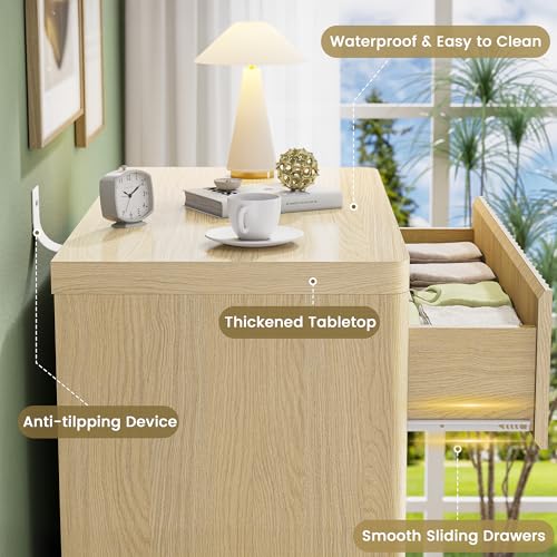 Fluted Nightstand Set of 2, Natural Oak Night Stand with 3 Drawers, Bedside Table with Storage, Mid Century Modern End Table Bedside Table Set, Curved Profile Handleless Design, 25” Wide - Image 6