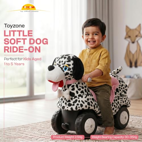 Image of Toyzone Little Soft Dog Ride on | Cloth-Covered Ride On Toy with Wheels | Back Support | Indoor & Outdoor Ride-On for Toddlers 1-4 Years