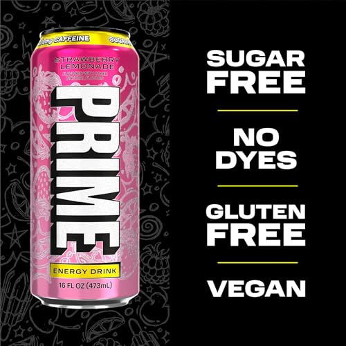Image of PRIME Energy STRAWBERRY LEMONADE, Sugar Free Energy Drink, 200mg Caffeine and 355mg of Electrolytes for Hydration, Low Calorie, Vegan, Gluten Free,16 Fluid Ounce, 12 Pack