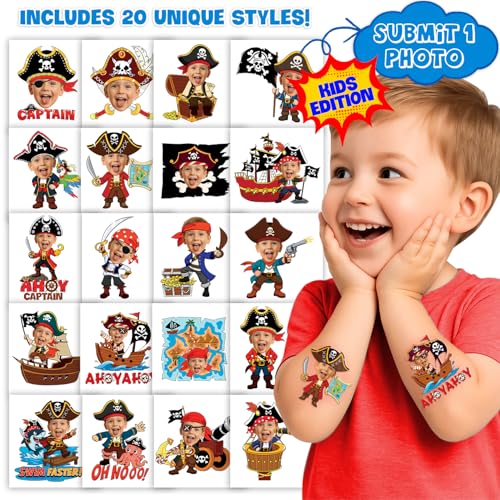 Image of Custom Pirate Temporary Tattoos for Kids, Set of 20 | Personalized Pre-Cut Face Photo, Birthday Party Favors, For Boys & Pirate Fans, Unique Celebration Gifts