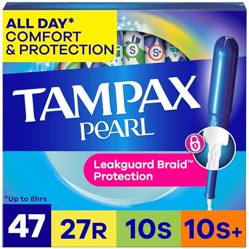 Tampax Pearl Tampons for Women Multipack, with LeakGuard Braid, Regular/Super/Super Plus Absorbency, Unscented, 47 Count