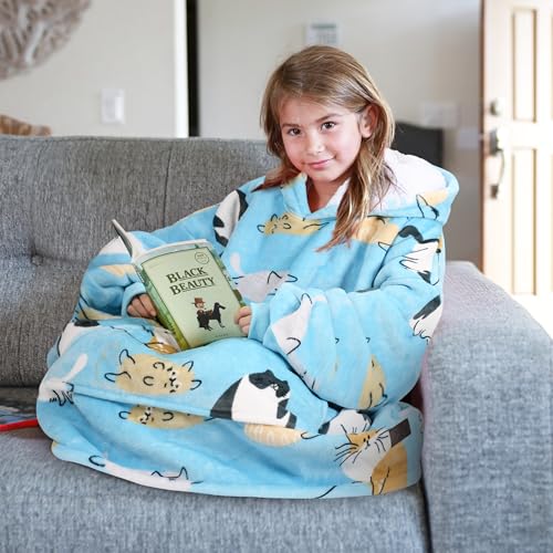 image for Catalonia Cat Print Blanket Hoodie for Kids, Oversized Wearable Sherpa