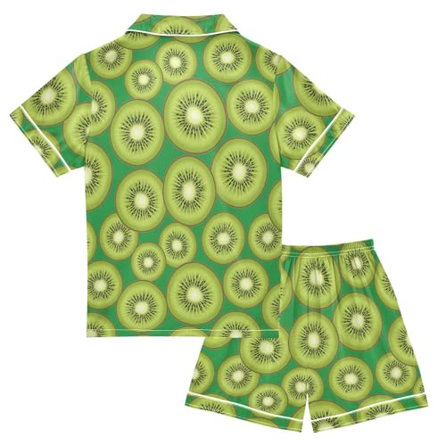 Satin Pajama Sets Short Sleeve Kiwi Fruit Slice Pattern Button Down Silky Nightwear 2 Piece PJS 5-14Y2