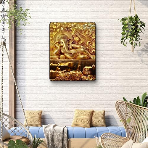 Image of SAF Golden Ganesh Wall Art Black Frame Sparkle Lamination | Wealth Money Coins Treasure Vastu Decorative Painting for Home Temple Pooja Room Positive Energy Decor (14 Inch x 11 Inch) K-36111