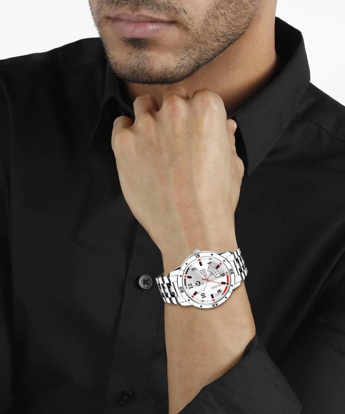 Image of Men's Analog wristwatch, Silver Stainless Steel Strap Blue Day & Date Dial, Water Resistant, Formal & Casual Wear, Gift Watch for Men