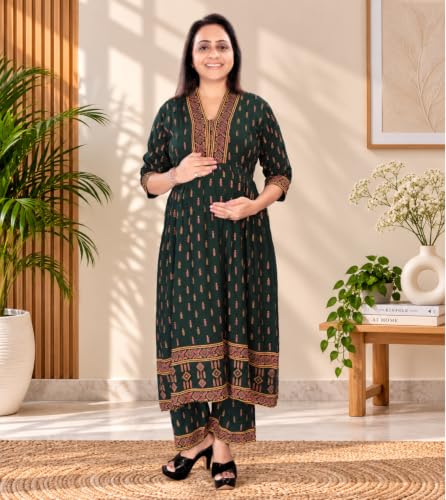 Image of Momenta Women's Pure Cotton Maternity Kurta Set | Feeding Kurti with Concealed Zippers | Maternity Dress for Pre & Post Pregnancy