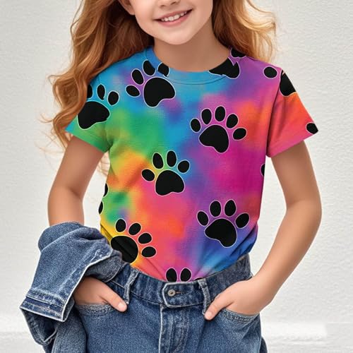 Girls Tie Dye Cute Paw Printed Short Sleeve T-Shirts Basic Crewneck Graphic Tees Loose Casual Summer Tops for Kids 3-14 Years2