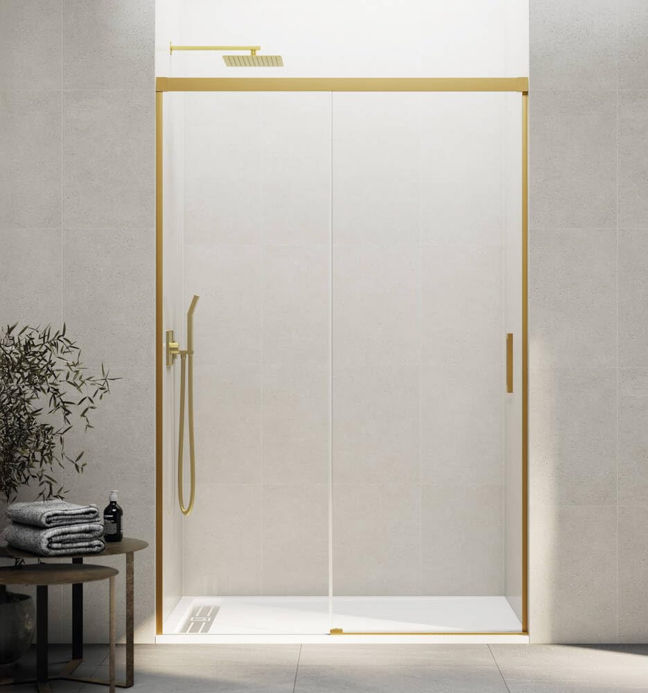 GME - Mampara Ducha Frontal Oro Cepillado 1 Fija + 1 Corredera 120cm | Mampara de Cristal Reversible con Ancho Adaptable 115-120cm, 196cm de Altura y Cristal Templado 6mm Antical