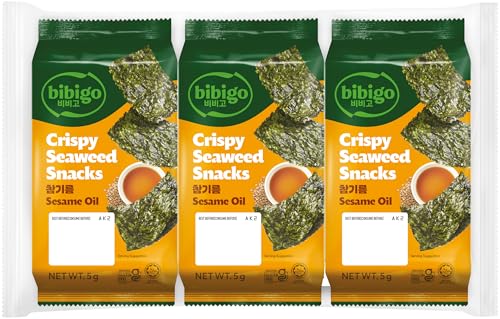 Bibigo Seealgen Snack Sesam Geröstete Seelagenblätter mit Sesam Ideal als Snack oder Beilage 3 x 5 g