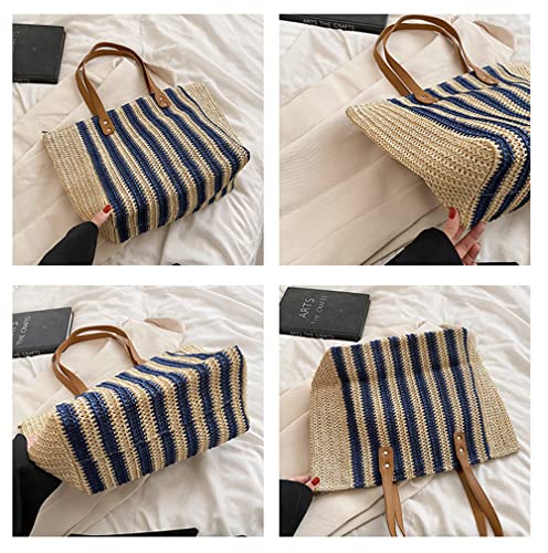 Women Summer Soft Straw Beach Stripe Bag Handwoven Big Tote Bag with Leather Shoulder Strap Handbag Shoulder Bag (Beige&Blue)4