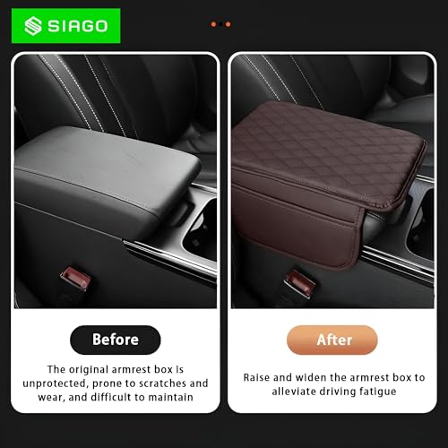 Image of SIAGO Car Armrest Cover Cushion with Storage Bags | Soft Center Console Protector Pad | Non-Slip, Waterproof & Durable | Universal Fit for Cars, SUVs & Trucks (Brown) SIA144