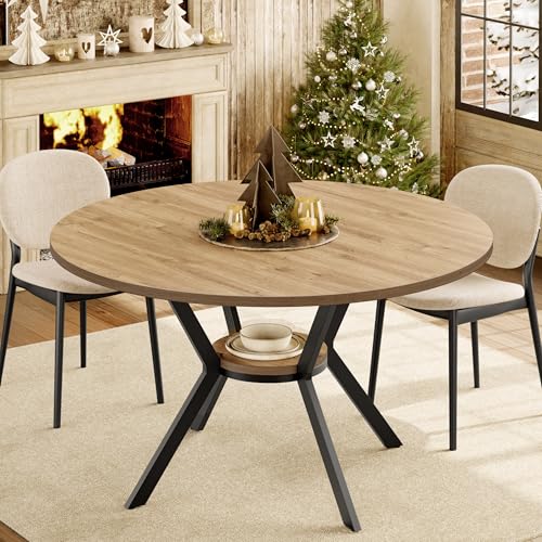 MECHYIN Round Dining Table for 4, 42 Inch Farmhouse Kitchen Table with Storage, Rustic Wooden Circle Dinner Pedestal Table with Metal Legs, Space Saving Kitchen & Dining Room Furniture, Natural Wood