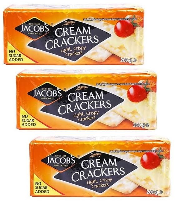 Jacob's Cream Cracker No Added Sugar 200g snack pack | Light Crispy Crackers | High Fibre | Perfect for sharing with friends and family on Christmas & on all occassions. (Pack of 3)