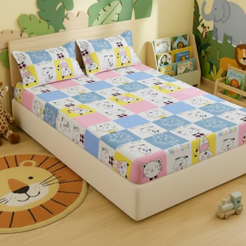 Image of Filymore Cute Cat Bedsheet Made with Microfiber Wrinkle Free Soft Hypoallergenic | Cartoon Printed Double Bed Queen /King Size for Kids (90x90 Inches /Boys Girls Room)(Yellow and Blue)