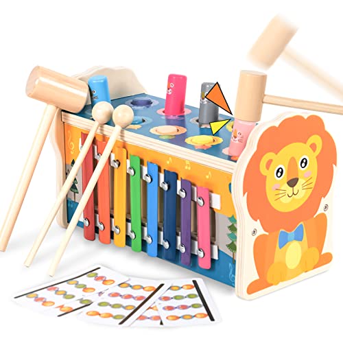 Wemmicks Wooden Montessori Toy For 2 3 4 Year Old Boys, Hammering Pounding Bench Toy With Xylophone, Animal Sorting Maze And Whack A Mole Game, Baby Early Sensory Developmenta Toy For Toddlers #TOP17