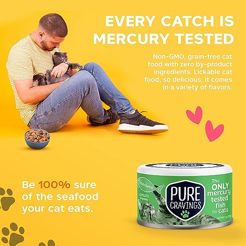 Image of Pure Cravings Wet Cat Food Canned Mackerel Cutlets in Gravy, Every Catch is Mercury Tested, Moist Can Fish for Cats, Grain-Free, Protein, Non-GMO, Pack of 12