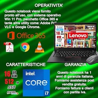 Lenovo Ricondizionato GREEN EDITION T480s, Pc portatile Intel Core i7-8th Pronto All'Uso office 365, Notebook Con Display HD da 14", Ram 16Gb, SSD nvme 512 GB e con mouse wireless in omaggio!