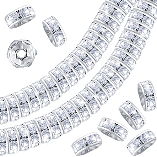 300 Pieces 8 mm Round Rondelle Spacer Bead Crystal Rhinestone Loose Bead Charm Bead Spacer Bead for DIY Necklace Bracelet Jewelry Making Rhinestone Charm Loose Bead (Silver)