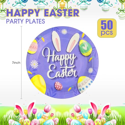 Ldfdrt 01 50 Pcs Happy Easter Paper Plates 7 Inch Dessert Party Plates Disposable Purple Bunny Ear Eggs Plates Party Tableware thumb #1