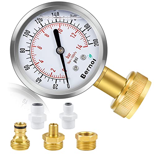 Bernoi Water Pressure Gauge Kit, Glycerin Filled Test with Lead-Free Brass Hose Fittings, 3/4'' Female Coupler Plus 5 Adapters to in Multiple Systems, 2-2/3'' dial, 0-200 Psi by Bernoi - Used condition - US$14.73