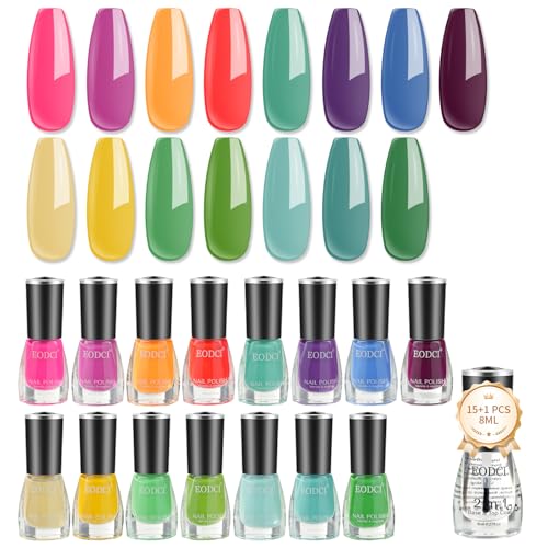 eodci Juego de 16 esmaltes de uñas, 15 colores brillantes, secado rápido, con base y capa superior 2 en 1, colores primavera/verano, juego de esmalte de uñas brillante