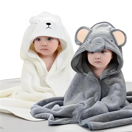 Image of Set of 2 Ultra Absorbent Hooded Baby Towels with Animated Design, Hypoallergenic, for Boy or Girl - Includes Bath Cap, Comb and Sponge for Cradle Cap (Grey+White)
