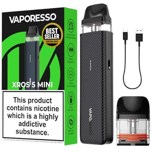 Vaporesso XROS 5 Mini Vape Kit [Carbon Black] 1500mAh Mega Battery 30W Output Type-C Fast Charge Anti-Leak Tech Top-Fill Pods Works with All XROS Pods 14 Colours No Nicotine
