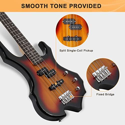 Glarry Electric Bass Guitar 4 Strings Buring Fire Style Hh Pickups For Beginner Adults Right Hand W/ 20W Amp, Bag, Strap And Cord (Sunset) #TOP3