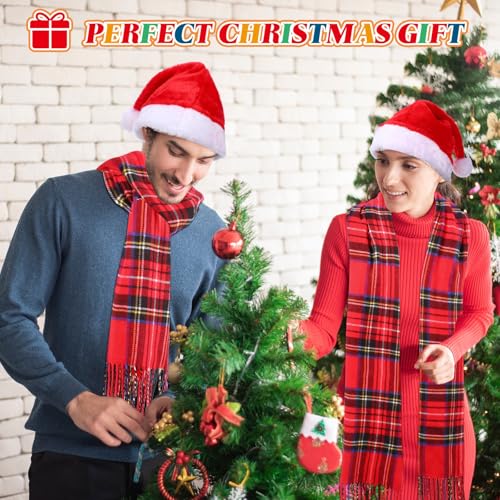 Coume 8 Pcs Christmas Santa Hat and Scarf Set Buffalo Plaid Scarfs Velvet Christmas Hat 7