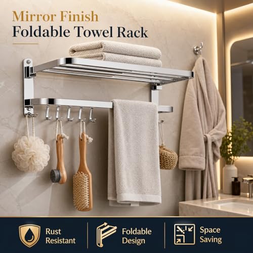 Image of Well Set Stainless Steel Foldable Towel Rack for Bathroom | Dual Layer Wall Mounted Shelf with Towel Bar & 5 Hooks | Heavy-Duty Rust-Free Towel Holder Stand (Mirror Finish, Silver)