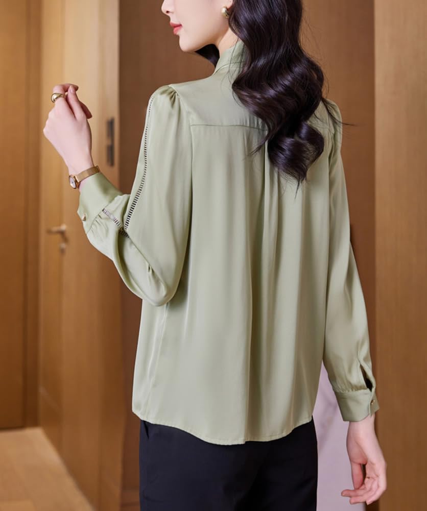 DISSA Camisa de seda para mujer con botones de manga larga blusa túnica de seda tops casuales de encaje de alas tops lisos,S9615