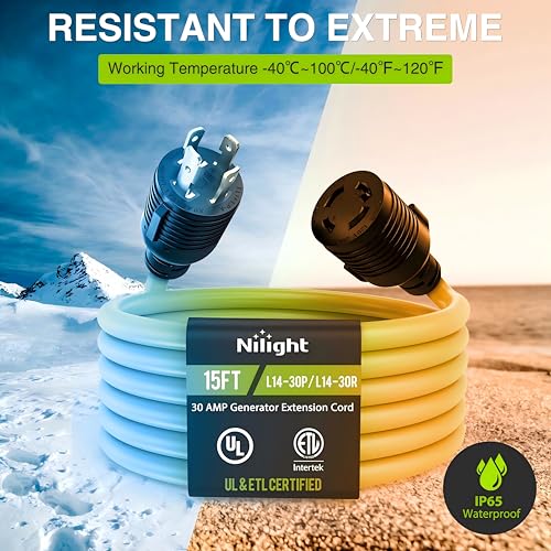 Image of Nilight 15FT 30 Amp Generator Extension Cord 10 /3 Gauge L14-30P to L14-30R