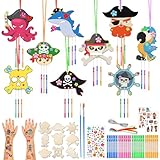 OOTSR 9 Stück Windspiele Bastelset Kinder, Pirate Windspiel Bastelset Holz Kindergeburtstag, Piratenaufkleber Halloween Deko Geschenke für Party Jungen Deko