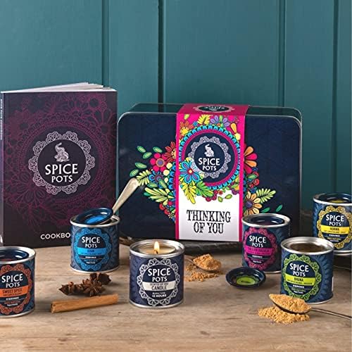 Spice Pots Luxury Indian Spice Gift Set - 5 Spices - Korma, Bhuna, Goan, Tandoori, Sweet Spice Blends - Indian Cook Book - Cook's Candle - Christmas Gifts - Mothers Day Gift - 5 x 40g