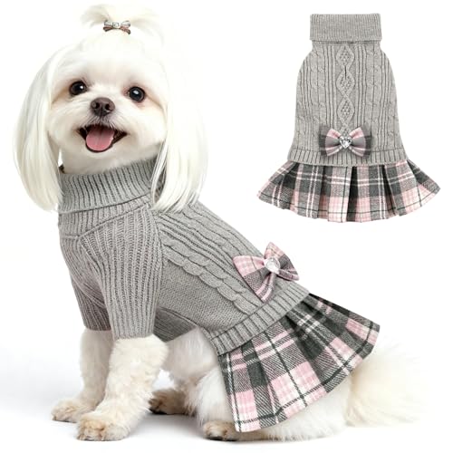 Image of YUDODO Small Dog Sweater Dress with Bowtie Turtleneck Knitted Pet Clothes | Fall Winter Warm Pet Clothes, For Small Dogs Girl, Soft Knit Fabric, Leash Hole, Long Sleeve, Grey, M