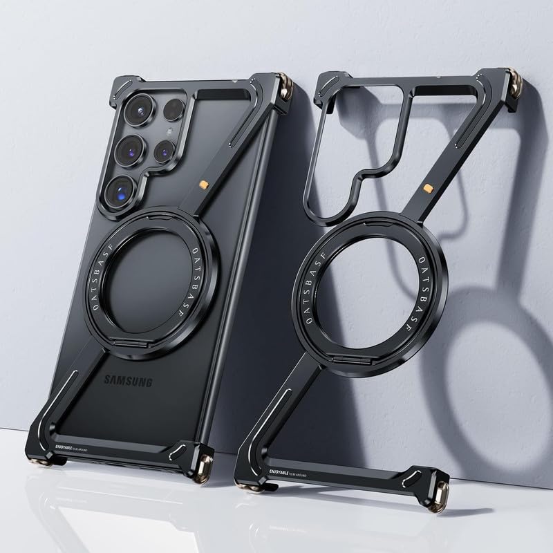 Image of Z Shaped Metal Frameless 360 Rotatable Ring Metal Bumper Case with Kickstand for Samsung Galaxy S25 Ultra Case Compatible with Wireless Charging | Luxury Aluminum Armor (Black)
