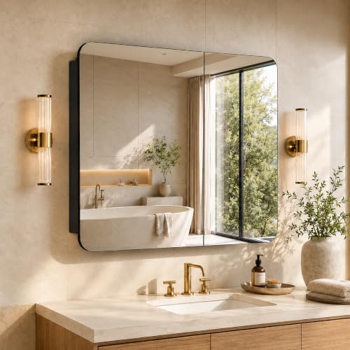 Image of 30x26 Black Medicine Cabinet with Mirror, Recessed & Surface Mount