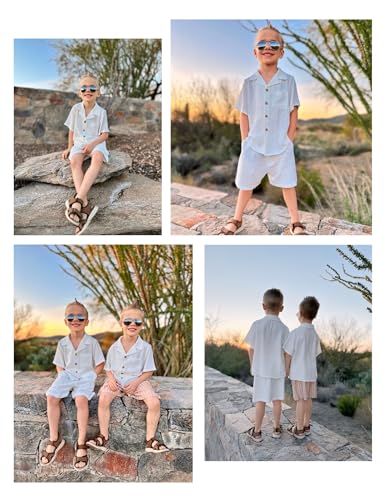 Image of Arshiner Boys 2 Pieces Summer Beach Outfits Short Sleeve Button Down Shirts and Shorts Vacation Texture Sets for Kids