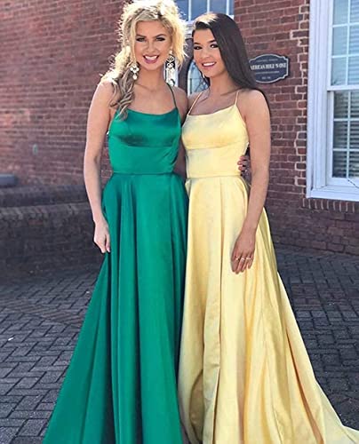GUKARLEED Women's Long Spaghetti Straps Prom Dresses A-line Satin Formal Dress Split Evening Gowns for Wedding with Pockets4