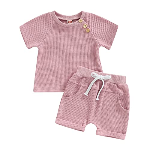Toddler Baby Boy Girl Clothes Summer Waffle Knit Short Sleeve Buttons T-Shirt Elastic Waist Shorts Set 0-3T Outfits (Pink Waffle Knit, 18-24 Months) #TOP10