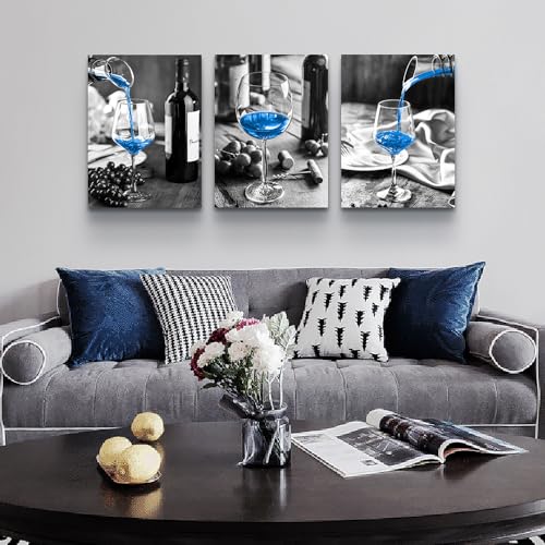 DZRWUBHS Canvas Wall Art For Kitchen Large Wall Decor For Dining Room Black And White Glasses Wine Painting Modern Blue Wine Wall Pictures Art Prints Artwork Bar Restaurant Home Decorations 3 Piece