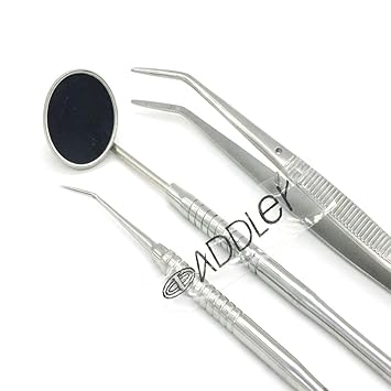 ADDLER MOUTH MIRROR TWEEZER PROBE PMT PREMIUM NON SLIP NO RUST 6 MM HANDLE kit Set of 3 Pcs DENTAL DENTAL LIFE TIME ANTI RUSTING WARRANTY