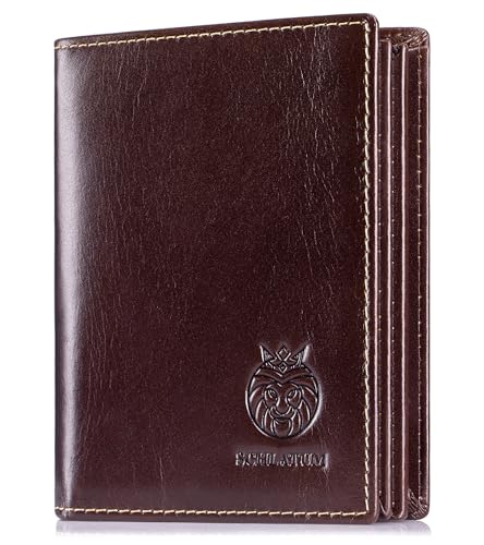 Large Capacity Mens Wallet Genuine Leather Rfid Blocking Bifold Wallet with Flap ID Window 2 Cash Compartments, Coffee