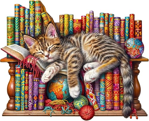 KAAYEE Puzzles en Bois Animaux, Le Chat Qui dort Puzzle Forme Animaux, 15+ Wooden Puzzle avec Boîte-Cadeau en Bois (34 x 29cm)