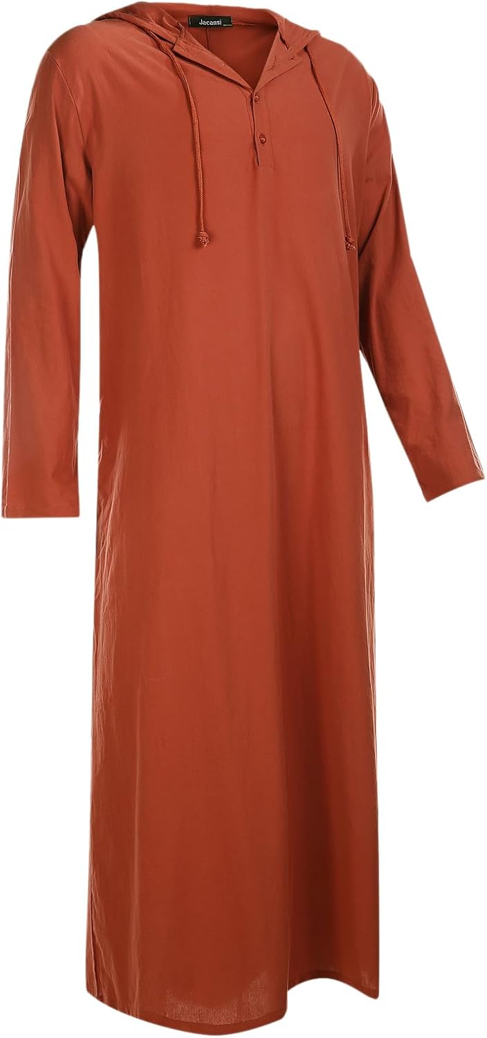 Jacansi Men's 65% Cotton 35% Linen Hooded Kaftan, Long Sleeve Button Down Thobe, Loose Casual Gown with Pockets