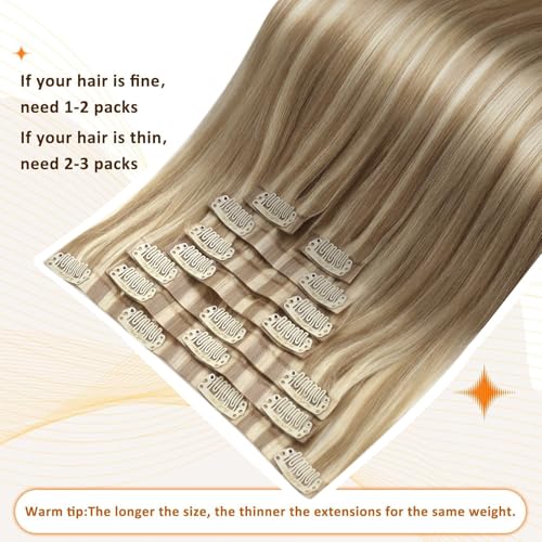 Image of Full Shine Human Hair Clip in Extensions, Balayage Golden Blonde 24 Inch | Real Hair Extensions for Women, 120g 8 Pcs, Invisible PU Weft, Adds Extra Length, Sleek Straight Styling, Heat Friendly
