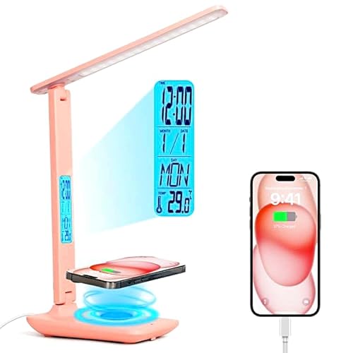 Multifunctional LED Desk Lamp with Wireless Charger,USB Charging Port,Clock,Phone Holder,Desk Lamps for Home Office,Eye-Caring Reading Lamp,Study Lamp for Boys,Girls,Teens,Pink