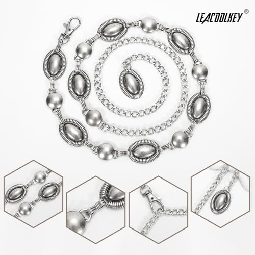 LEACOOLKEY Western Metal Chain Belt for Women Boho Decorated Waist Belt for Dresses Jeans Pants, Silver3